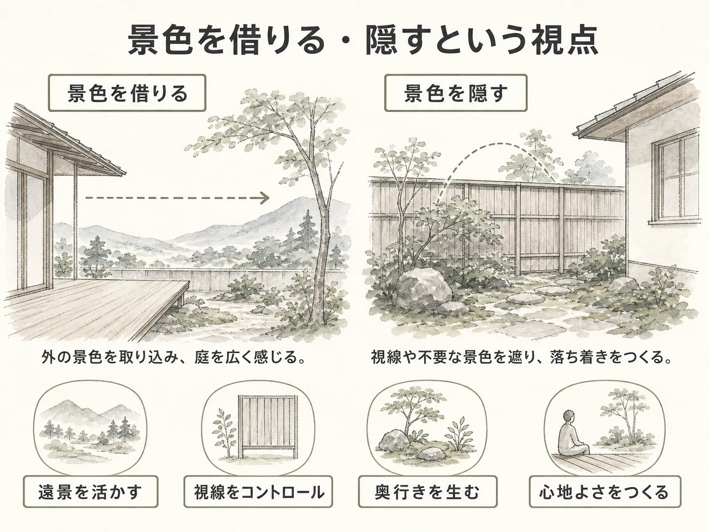 太子町 外構の景色を借りる・隠すという視点を表す図解イラスト