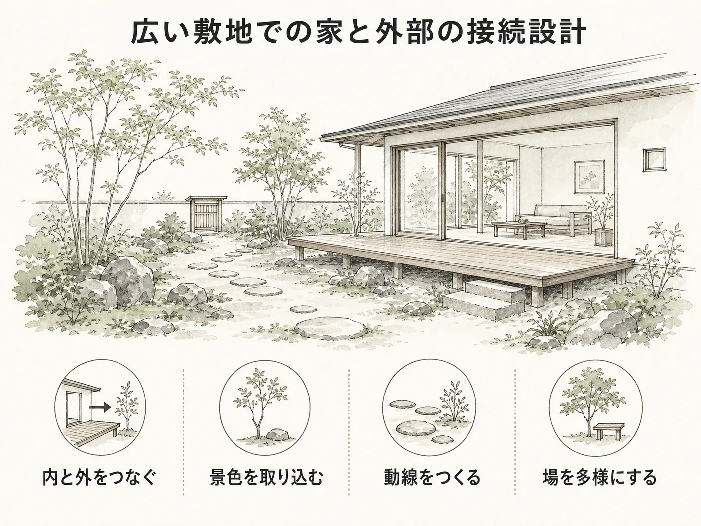太子町 外構のまとめ:広い敷地ほど家とつなぐ設計が効くを表す図解イラスト
