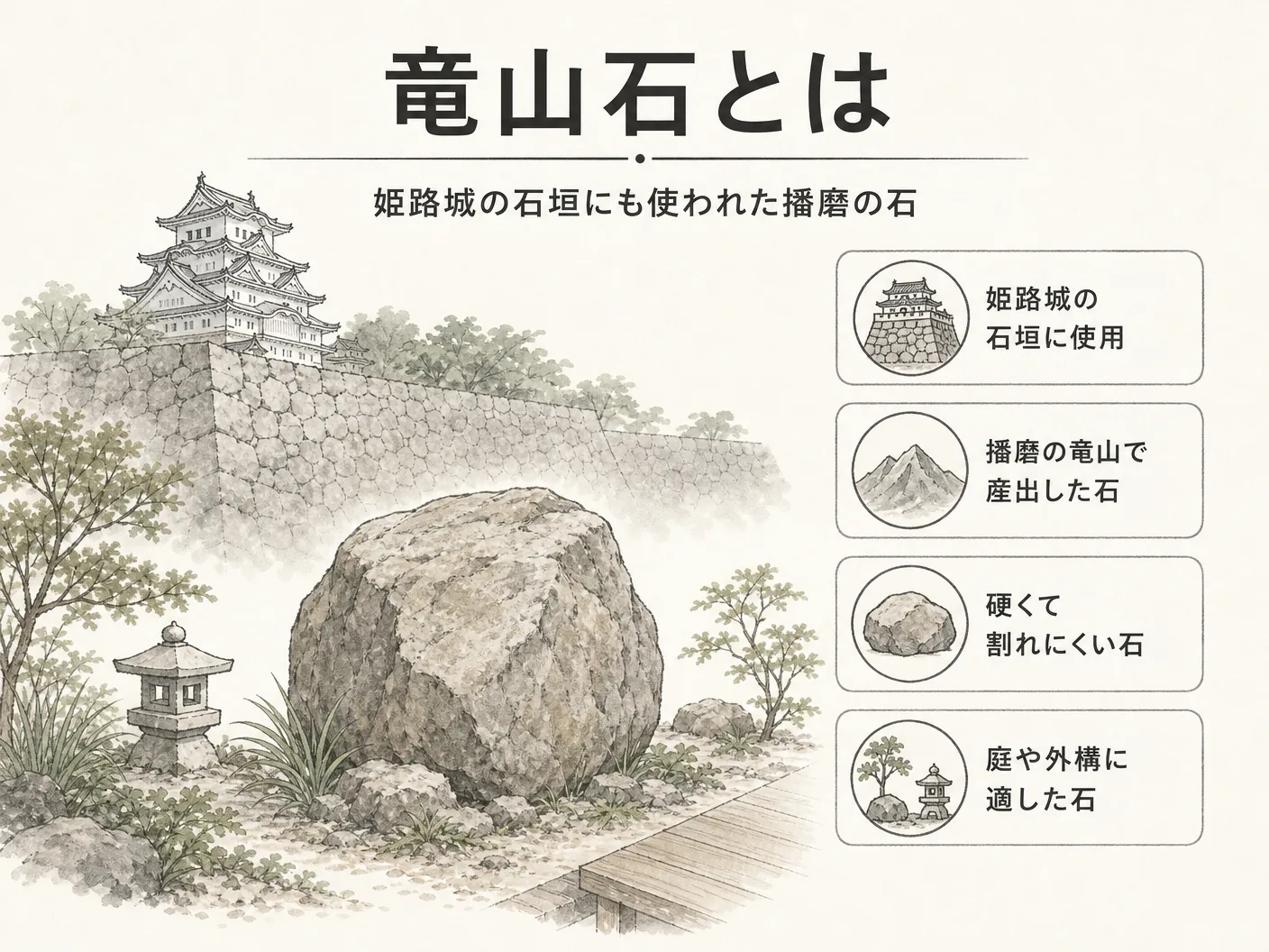 庭の竜山石とは――姫路城の石垣にも使われた播磨の石を表す図解イラスト