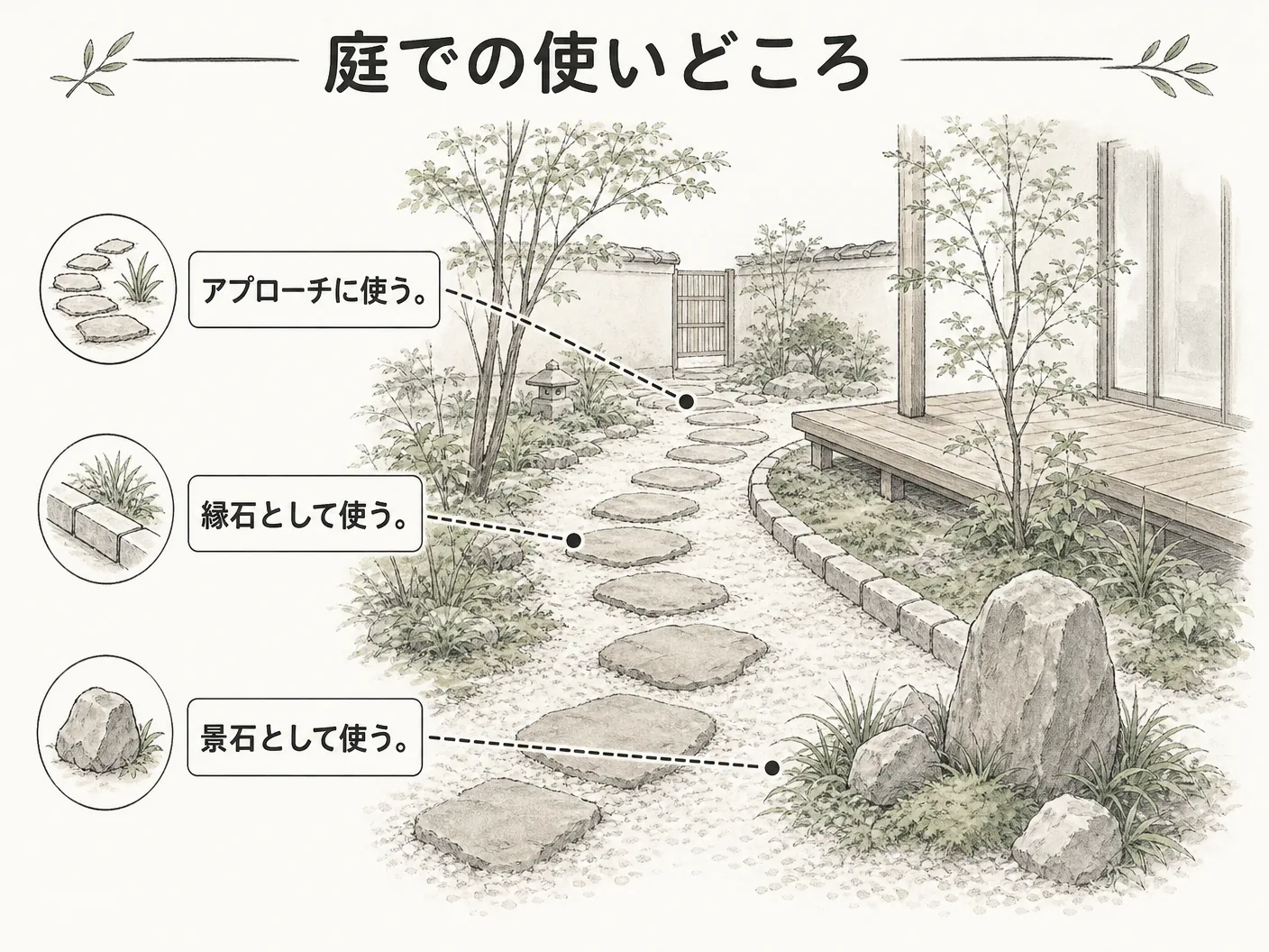 竜山石の庭での使いどころ――アプローチ・縁石・景石を表す図解イラスト