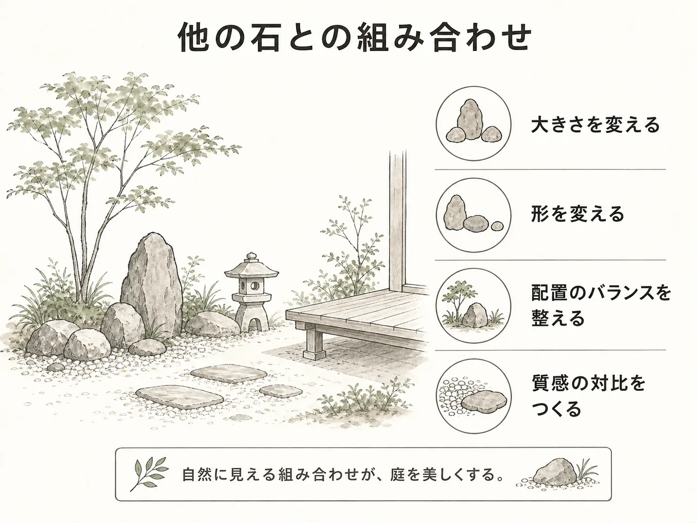 竜山石 庭の他の石との組み合わせを表す図解イラスト