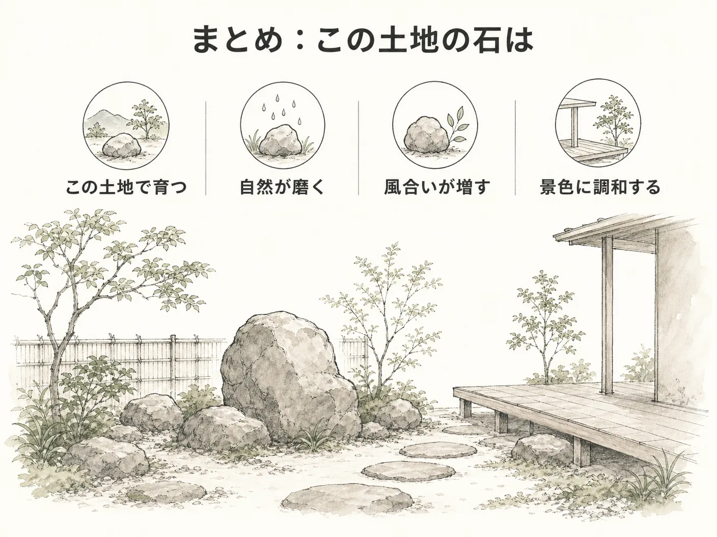 竜山石 庭のまとめ:この土地の石は、この土地で美しく歳をとるを表す図解イラスト